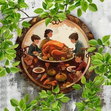 1pc Vintage Thanksgiving Turkey Dinner Metal Wall Decor - 7.87-Inch Round Alumin