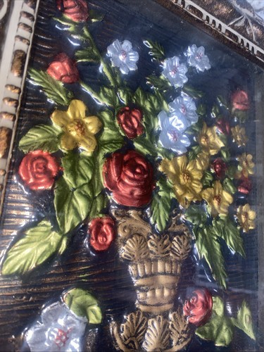 Vintage Gemälde Vase geprägt mit mehrfarbigen Blumen Acrylfarbe verzierter Rahmen - Bild 3 von 8