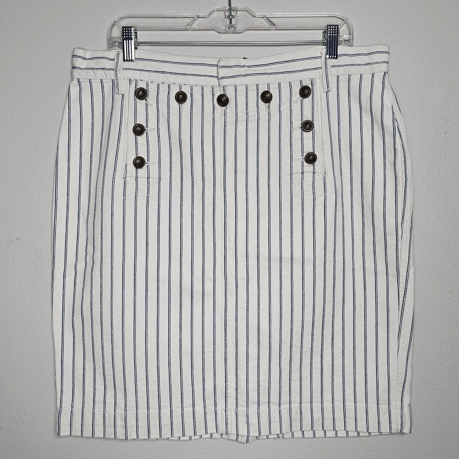 Ralph Lauren Womens 14 Sailor White Striped Button Front Denim Skirt Coastal