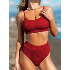 Cupshe Red Burgundy High Waisted Textured Bikini Set Swimsuit Beachwear S