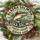 Vintage 8x8 Round Tin Sign Alaska Salmon Fresh Caught Fish Wall Art for Kitchen