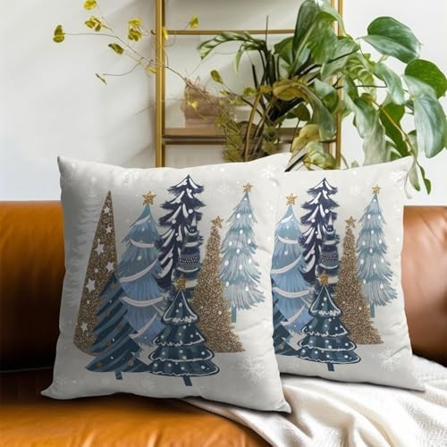Weihnachtsbaum Kissenbezüge 20x20 20" x 20" (2er Pack) Blau Gold Weihnachtsbäume - Bild 7 von 7