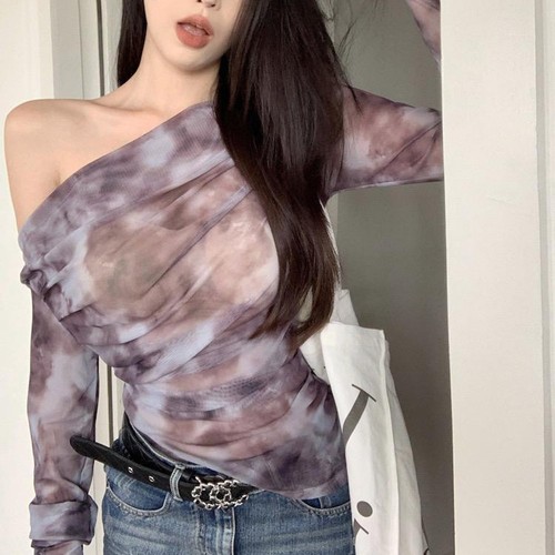 One Shoulder Tie Dye Long Sleeve T Shirt for Women in Khaki and Purple - Picture 5 of 28