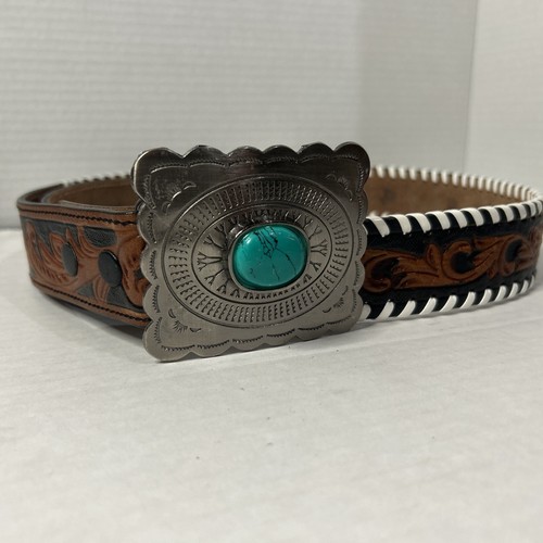 Leather Western Belt Brown with Faux Turquoise on Silver Tone Buckle Size 40-44 - Picture 4 of 4
