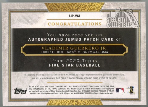 Vladimir Guerrero Jr. 2020 Topps Five Star Gold Jumbo Patch Autograph Card 05/10 - Picture 2 of 2