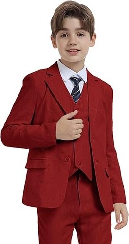 Boys Linen Suit 3 Piece Slim Fit Formal Suit Set Summer Wedding Suit Kids Tuxedo - Picture 21 of 24