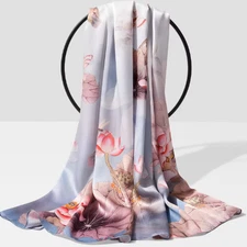 100% Silk Scarf Women neckerchief long Shawl Wrap floral blue pink red MY227-6