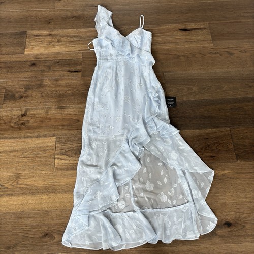 Neu mit Etikett - Lulus Forever Be Maxikleid hellblau Blumen Jacquard Rüschen - Bild 2 von 9