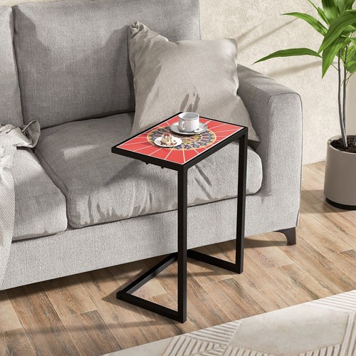 C Form Tisch Beistelltisch Sofa Couchtisch Laptop Ständer Metall Retro Muster Rot - Bild 3 von 7
