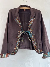 Julie G Boho Beaded Seashell Brown Front Tie Hippy Jacket Large Vintage 