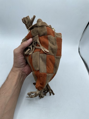 VINTAGE 70S Orange Brown Patchwork Suede Boho Drawstring Bag Fringe Hippie - Picture 2 of 13