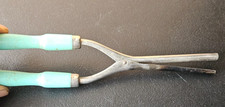 PRIMITIVE CURLING IRON, SEA FOAM GREEN WOOD HANDLES. MADE IN U.S.A.