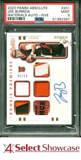 2020 PANINI ABSOLUTE MATERIALS AUTO FIVE #201 JOE BURROW RC #/10 POP 3 PSA 9