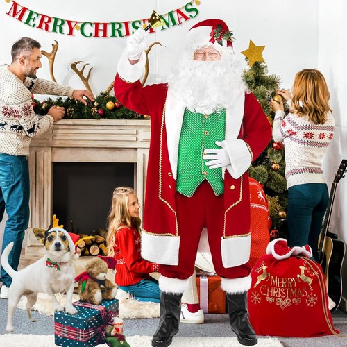 Christmas Santa Claus Costume Adult Men 11pcs Deluxe Santa Suit for Adults Green - Picture 3 of 7