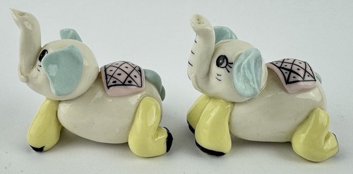 2 Mini Elephant Figurines Ceramic Blue White Vintage Small 1.5 Playful Miniature - Picture 4 of 14