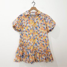 Karlie Floral Mini Dress Puff Sleeve Ruffle Hem Cottagecore Blue Orange Medium