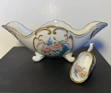 Vtg. Porcelain Hand Painted Candy/Nut Bowl, w/Scoop, Floral Design Gold Gilding