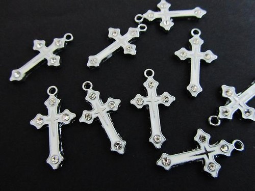 10 White Cross Religion Crystal Rhinestone Silver Plated Charm/Pendant/Craft K54 - Picture 2 of 2