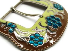Western Belt Buckle Silver Tone Green Floral Enamel Bling