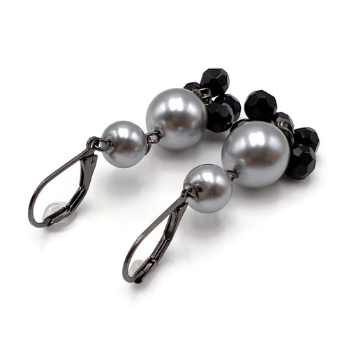 Silver Tone Bead & Black Glass Beaded Dangle Drop Lever Back Fashion Earrings - Picture 10 of 12