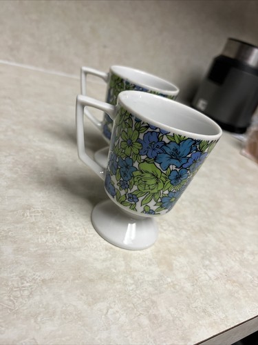 Vintage Single Footed Mug Green Blue Flower Power 1960s Stamped Japan / 2 Piece - Picture 2 of 3