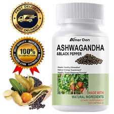 Organic Ashwagandha Capsules 1300mg Supplement w/ Black Pepper Root Powder 120ct