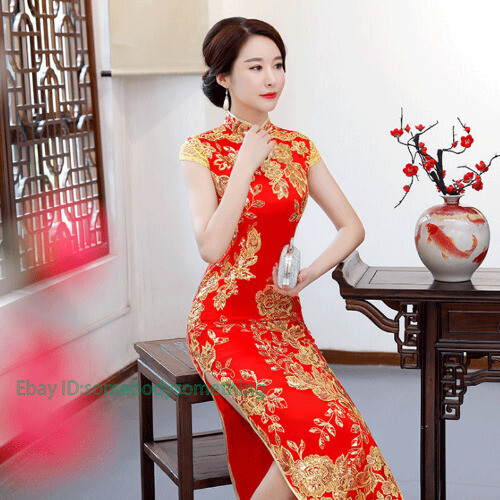 Cheongsam Women Chinese Ball Gown Fishtail Evening Long Wedding QiPao Dress - Picture 12 of 22