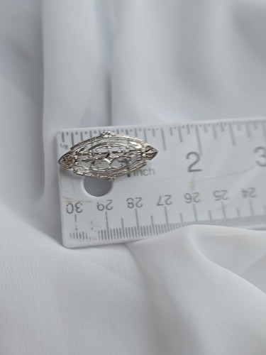 10k Solid White Gold Art Deco Diamond Filigree Brooch Pin - Picture 7 of 7
