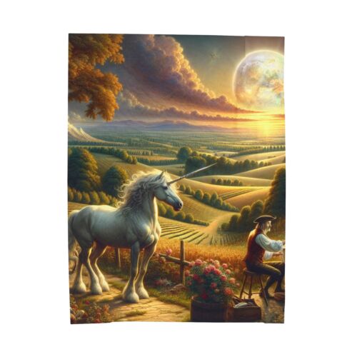 Velveteen Plush Blanket Renaissance Unicorn Landscape Moon Roses Home Decor Art - Bild 1 von 13
