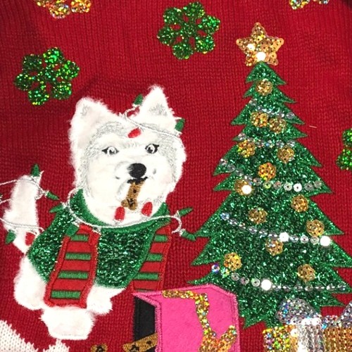 Girls Plush Red & Green Sequinned Dog Christmas Holiday Sweater - Picture 2 of 2