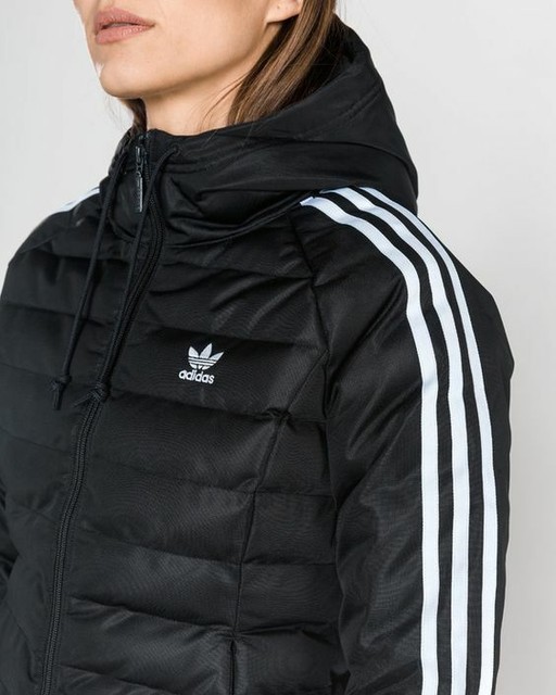 SMALL adidas Women's Padded 3STRIPES SLIM HOODED Winter JACKET BLACK
