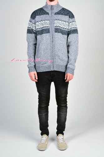 Mens Fleece Lined Zip Up Aztec Striped Knitted Wool Blend Jumper Cardigan Zipper - Picture 14 of 22