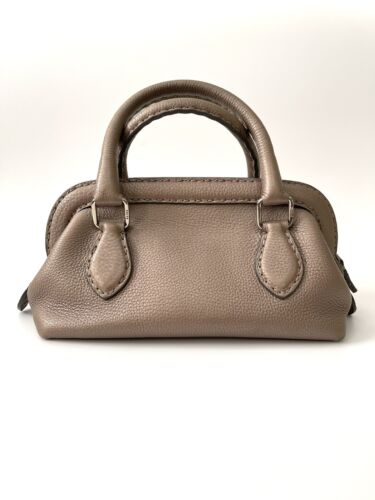 WOW! Authentic FENDI Selleria Grey Leather Hand Bag Italy 925 Silver Stamp - Picture 3 of 12