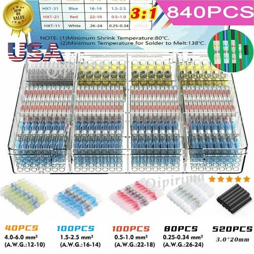 840PCS Waterproof Solder Seal Sleeve Heat Shrink Butt Wire Connectors Terminals