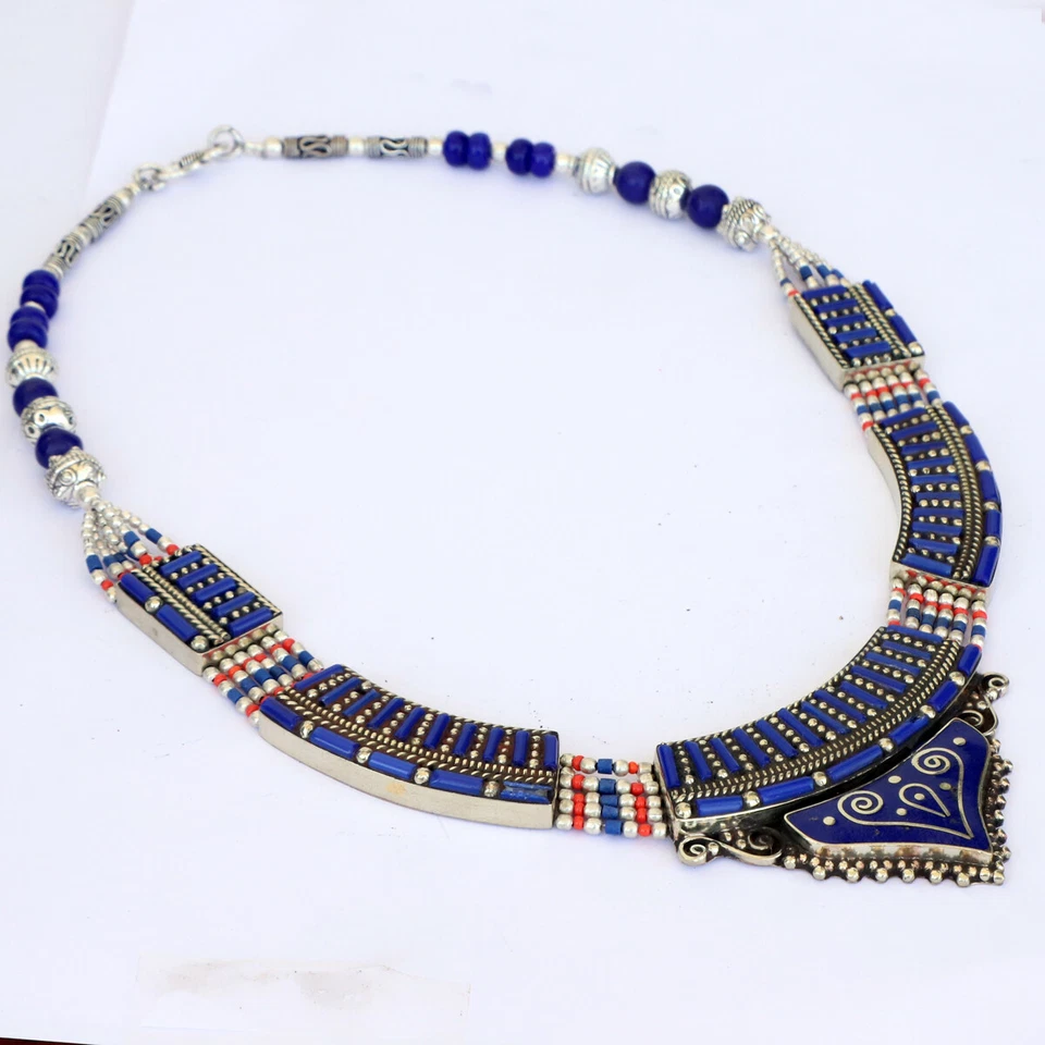 Joyería exclusiva tibetana hecha a mano étnica con cuentas coral lapislázuli azul natural tibetano Foto 3 de 4