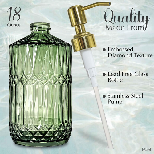 JASAI 18Oz Green Glass Soap Dispenser with Gold Rust Proof Pump, Refillable Kitc - Picture 2 of 7