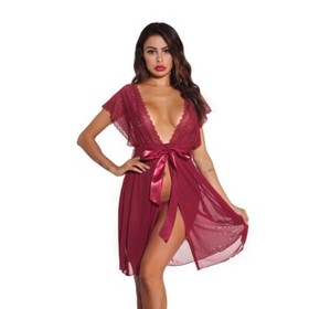 Women Sexy Lingerie Lace Dress Kimono Robe G-string Set Sleepwear Mesh Nightgown