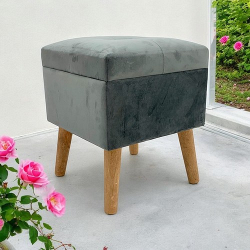 Modern Square Grey Ottoman Footstool With Velvet Padded Lift Up Storage Lounge - Picture 2 of 18