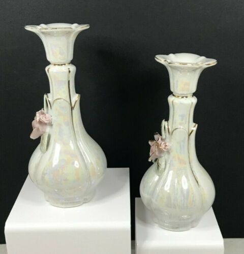 Vintage Lusterware Porcelain Small Vases w/ 3D Pink Rose Trimmed Gold - Set of 2 - Picture 2 of 6