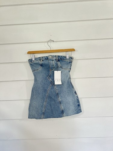 ZARA NEW WOMAN STRAPLESS DENIM MINI DRESS RAW HEM BLUE WAIST 26" Small S Y308 - Picture 2 of 14