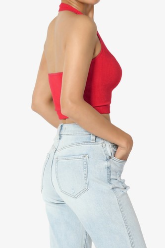 TheMogan Basic Solid Halter Seamless Ribbed Stretch Crop Cami Tank Top - Picture 66 of 68