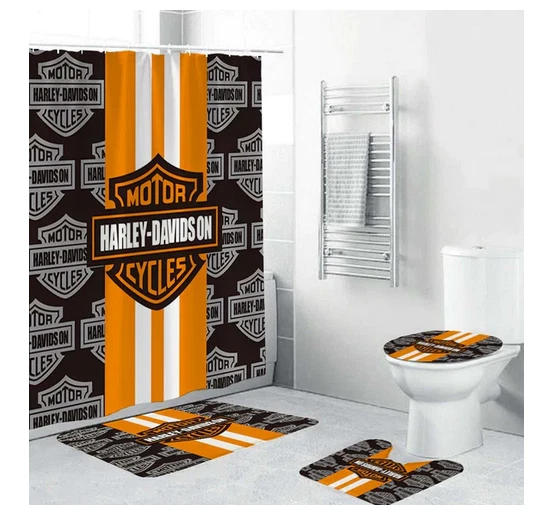 White Orange Stripe Harley Davidson Shower Curtain Sets. Gift Idea For Fans