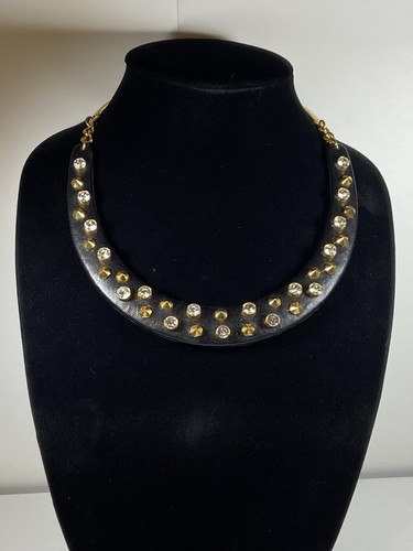 Vince Camuto Studded Necklace Black Leather Gold Tone Crystal Brutalist Punk