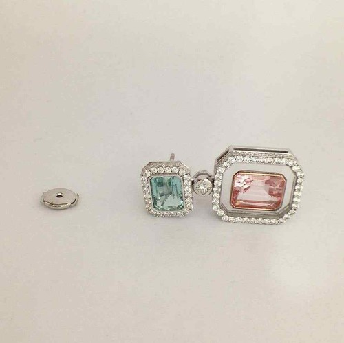 Gorgeous Emerald Cut Aqua Green Peridot, Pink Tourmaline & White CZ Earrings Set - Picture 7 of 9