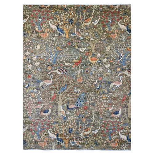 9'x12' Dim Gray Afghan Peshawar Birds Design Soft Wool Hand Knotted Rug R20174