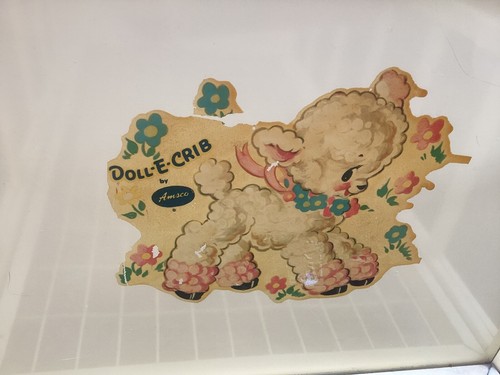 Vintage Amsco Yellow Metal Doll E Crib Wooden Wheels Lamb Decals antique 1950s - Bild 11 von 14