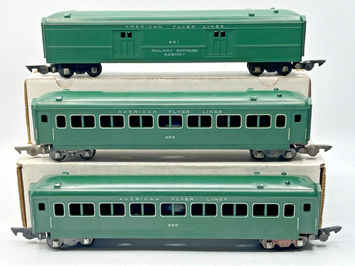 Gilbert American Flyer S Gauge Green Painted 651 Baggage, (2x) 655 Coach Cars