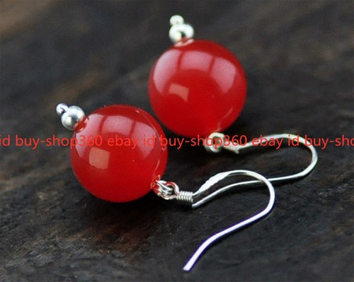 Fine 10mm Natural Red Jade Round Gemstone Beads 925 Silver Hook Earring - Bild 12 von 12