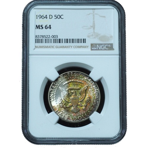 1964-D Kennedy Half Dollar MS64 NGC - Beautiful Rainbow Crescent Toned Reverse - Picture 3 of 4