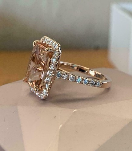 3Ct Cushion Cut Lab Created Peach Morganite Halo Ring 14K Rose Gold Plated - Picture 2 of 5